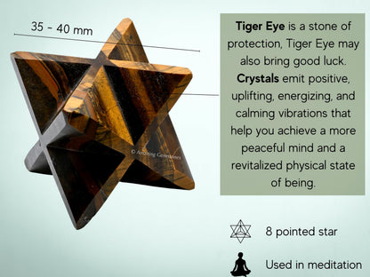 Amazing Gemstone Tiger Eye Merkaba Crystal - 1.5 Inches Metaphysical Merkaba Star for Meditation - Energetic Tetrahedron Crystal and Healing Stones and Healing (35-40mm)