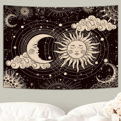Wonrizon Sun and Moon Tapestry, Aesthetic Black Dark Spiritual Tapestries Mystic Burning Sun with Clouds Star Wall Hanging decor for Bedroom (30"x40")