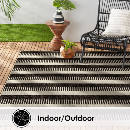 Nicole Miller New York Patio Country Charlotte Modern Stripe Indoor/Outdoor Area Rug, Black/Grey, 5'2"x7'2"