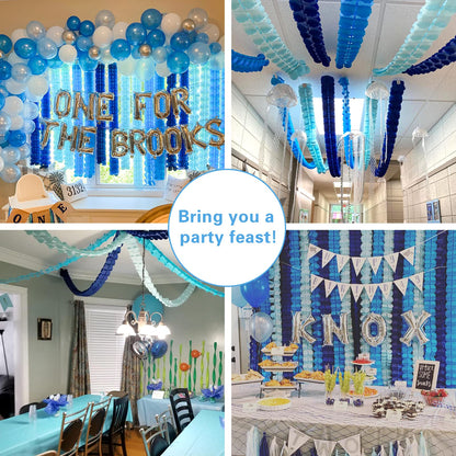 RUBFAC 6pcs Four-Leaf Clover Garland Party Blue and White Streamers Tissue Paper Hanging Flower Garland for Frozen Party Baby Shower Decoration