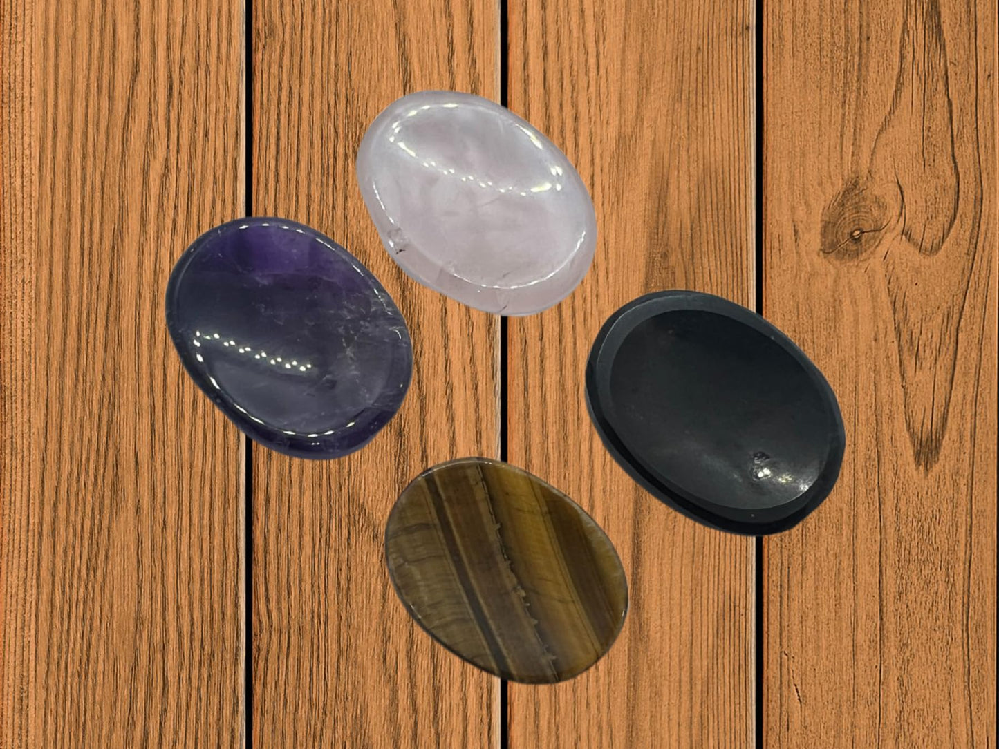 Set of 4 Pieces of Amethyst, Rose Quartz, Tigers Eye, Black Tourmaline Thumb Worry Stones Metaphysical Gemstone Crystal Healing Reiki Men Women Gift