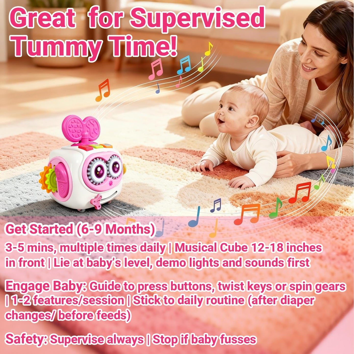 Toys for 1+ Year Old Girl, Musical Busy Cube for Toddlers 1-3 year old, Montessori 6-in-1 Activity Cube with Lights & Sounds, Wheels for Tummy Time & Crawling Training, Birthday Gifts for Baby Girl