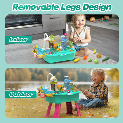 4-in-1 Electric Water Table Toy for Toddlers 1-3,Kitchen Play Sink Toys with Running Water for Kid with Water Pump,Animals, Food, Tableware,Color Changing Pretend Role Birthday Toy for Boy and Girl