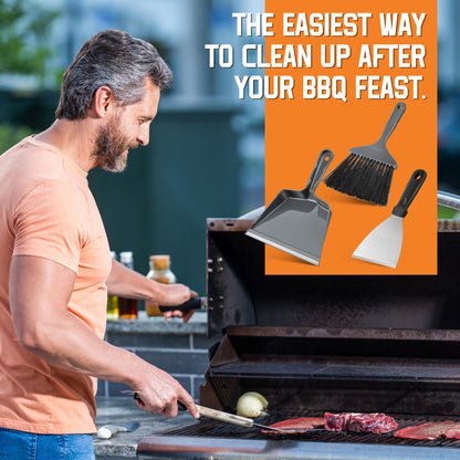 Gulfmew 3 Piece Pellet Grill Ash Cleaning Kit, Includes Large Dust Pan, Soft Bristle Brush and Metal Scraper for Easy Removal of Ash, Debris and Grime
