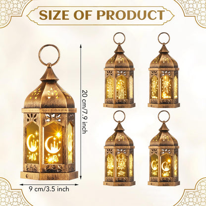 Retisee 4 Pcs 7" Ramadan Large Eid Mubarak Lantern Moon Star Hanging LED Lantern for Home Patio Table Wedding Centerpiece Festival Decoration (4 Styles,Bronze Gold)