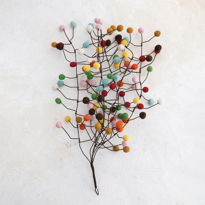 Creative Co-Op 15" W x 28" H Handmade Wire & Wool Felt Pom Pom Branch, Multi Color