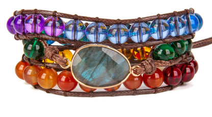 SPUNKYsoul Chakra Awareness Balancing Leather 3 Wrap Crystal Bracelet with Hematite for Women (Brown 8mm Labradorite)