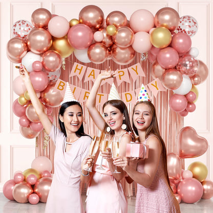 Rose Gold Birthday Decorations with Metallic Pearl Rose Gold Confetti Light Pink White Foil Balloons Fringe Curtain Banner Happy Birthday Decorations for Women