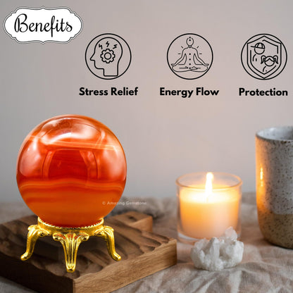 Amazing Gemstone Carnelian Onyx Crystal Ball with Stand - 2 Inches Crystal Sphere Meditation Balls for Witchcraft and Decorative Balls