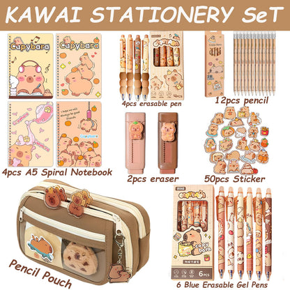 Cute Capybara Stationery Set - Large Pencil Case, 4 A5 Spiral Notebooks, 10 Ballpoint Pens (2 Styles), 12 Pencils, 2 Erasers - Perfect Back-to-School Essentials and Birthday Gift for Kids (Capybara)