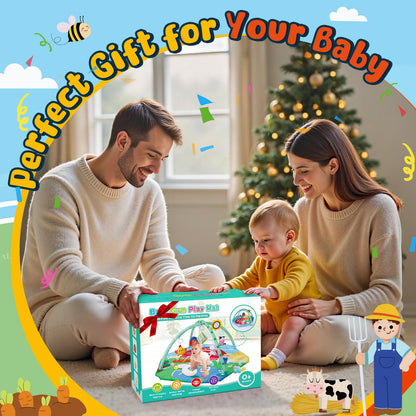 Farm Animal Baby Gym Play Mat, 9-in-1 Tummy Time Mat with 7 Baby Toys, Washable Baby Activity Mat for Visual, Sensory, Motor Development, Newborn Baby Toys Gift for Toddler 0-3-4-6-9-12 Months