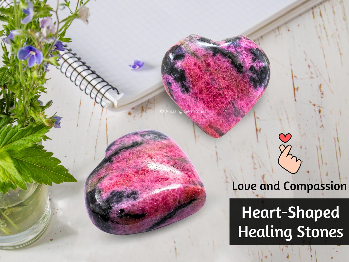 Rhodonite Crystal Heart Palm Stone - Pocket Massage Worry Stone for Natural Body Chakra Balancing, Reiki Healing and Crystal Grid