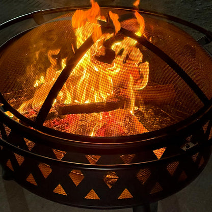 Quilushey 32 Inch Fire Pit Outdoor Burning Stove, 2 in 1 Metal Round Fireplace for Outside Bonfire Party, BBQ, Camping, Backyard, Patio, Garden w/Fire Poker, Spark Screen, Grate, Cover (Rhombic)