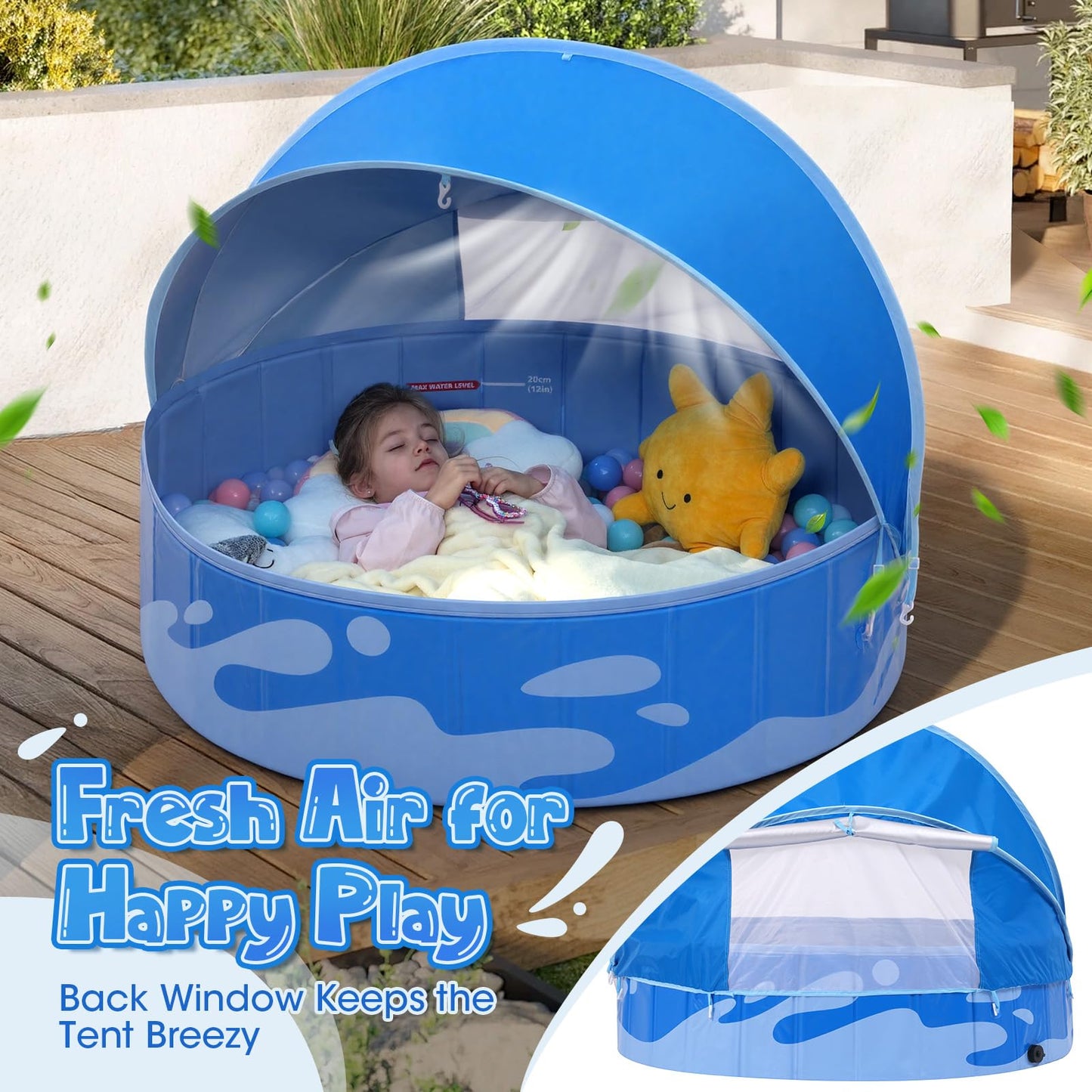 Peradix Paddling Pool for Kids and Dogs, 48" Portable Baby Pool with Canopy for Toddlers Summer, Foldable Kiddie Tent with Sun Shade Outside Water Toys for Backyard Beach, Easy Setup & Carrying Bag