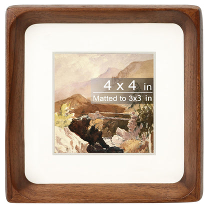 Gdfmsc Square 4x4 Picture Frame with Mat for 3x3, Natural Walnut Wood Handcrafted Rounded Corner with Real Glass, Vertical or Horizontal Display Photo Gallery Wall & Tabletop Frame