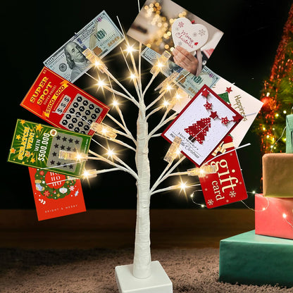 2Ft Money Tree Gift Holder with 24 LED Lights & 12 Clips, Battery/USB Powered Lighted Birch Tree for Displaying Cards, Photos - Ideal for Christmas, Wedding, Birthday, Graduation Decor