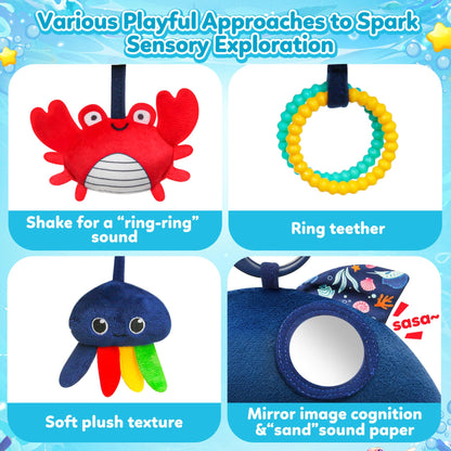 TSYAN Car Seat Toys for Babies 0-12 Months,Hanging Baby Activity Toy for Car seat,Stroller,Crib & Gym,Infant Plush Rattle with Mirror, Crinkle, Clip-On for Boys & Girls