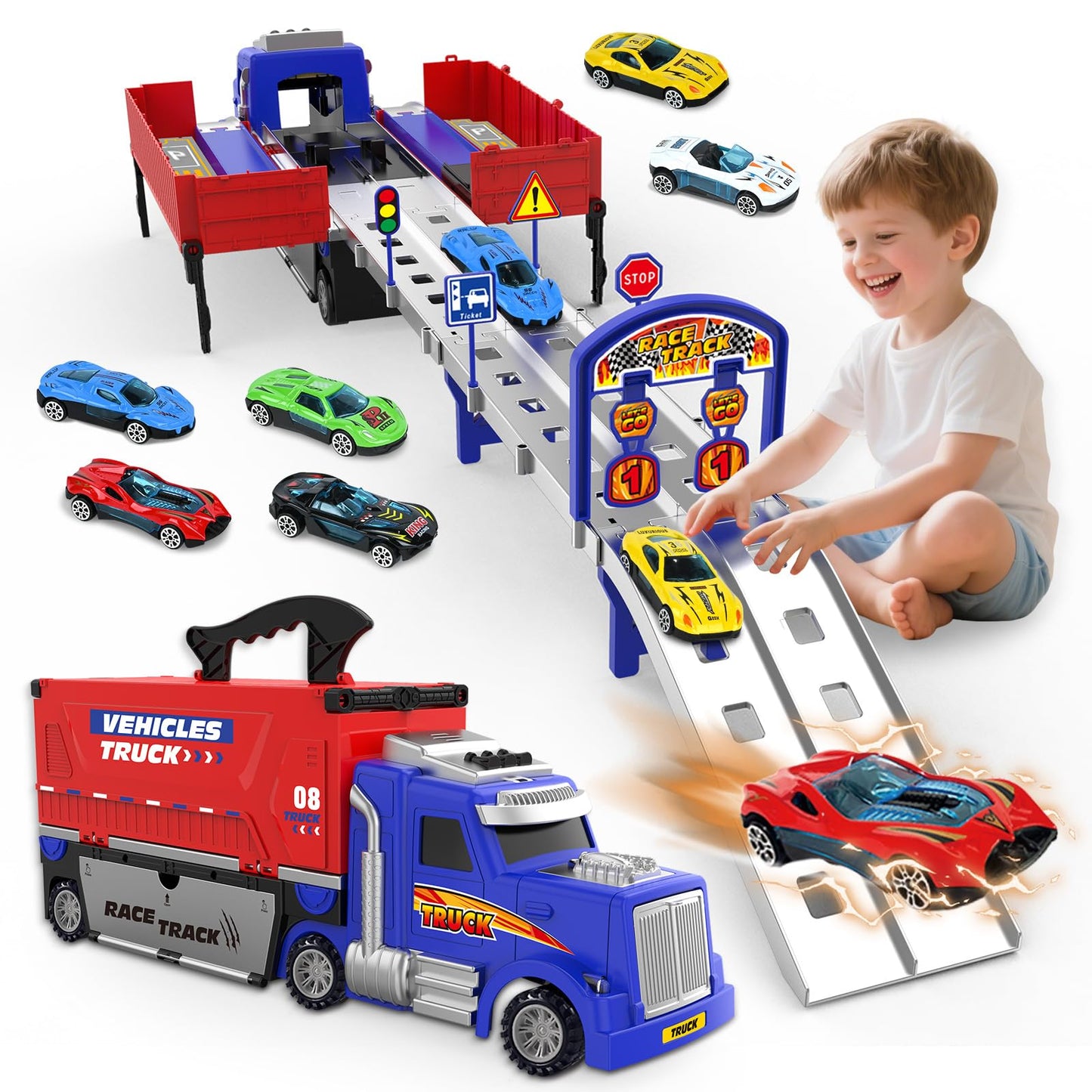 SpringFlower Carrier Truck Race Track Toys, Boy Toys for 3 4 5 6 Years Old Boys with Lights Sounds, Transporter Race Track with 6 Die-Cast Car, Vehicle Toy for Kids Birthday Gifts