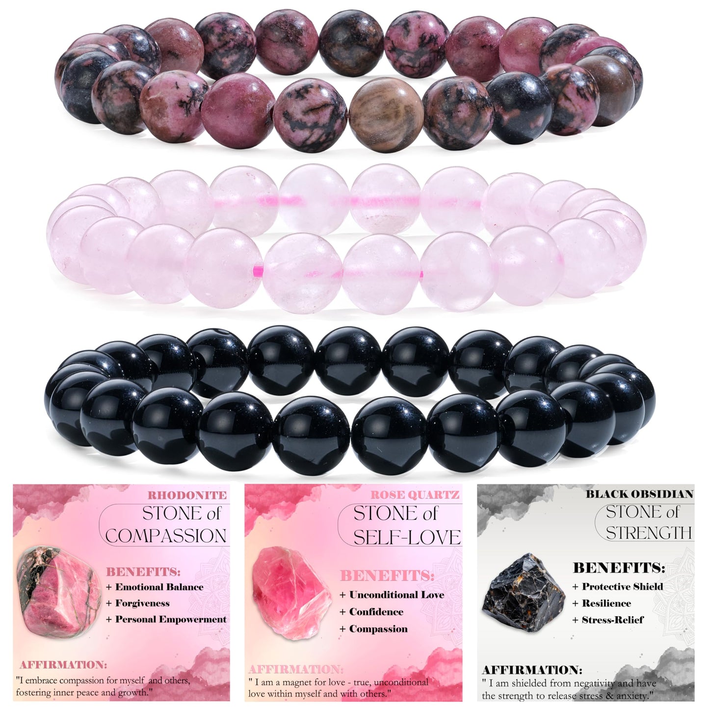 Bivei 3-Piece 8mm Beaded Bracelets for Women – Rhodonite, Rose Quartz, Black Obsidian – Handmade Natural Crystal Stretch Elastic Jewelry for Meditation, Yoga, Protection Gifts
