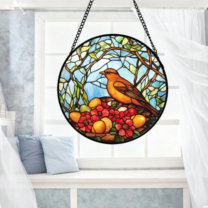 QZQCBLC Stained Glass Window Hanging Birds Build Nests On The Branches 6.3" - Suncatcher Door Garden Sun Catcher Decor Birthday Xmas for Bird Lovers Woman Men Nana Friend