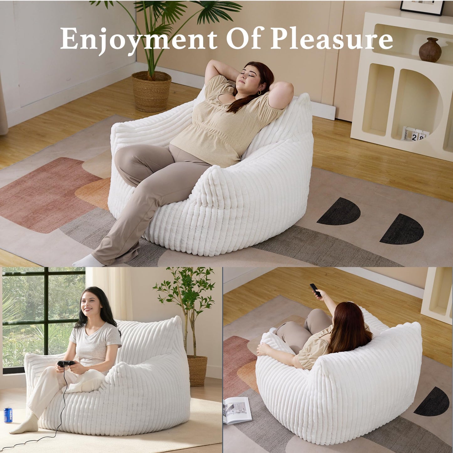 Giant Plush Bean Bag Chair for Adults with Armrests - Oversized Comfy Beige Beanbag Lounge Lazy Floor Sofa Accent Chair for Living Room, Bedroom & Dorm, Cozy Fluffy Single Cloud Mini Couch