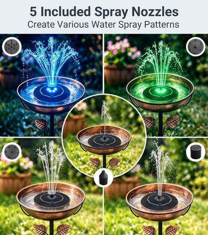 OUISJYER Solar Bird Bath Fountain with LED Lights – 6.3" Floating Solar Fountain Pump with Battery Backup | 9V/2W Powerful Water Spray, 5 Nozzles, for Bird Bath, Pond, Garden & Outdoor Decor