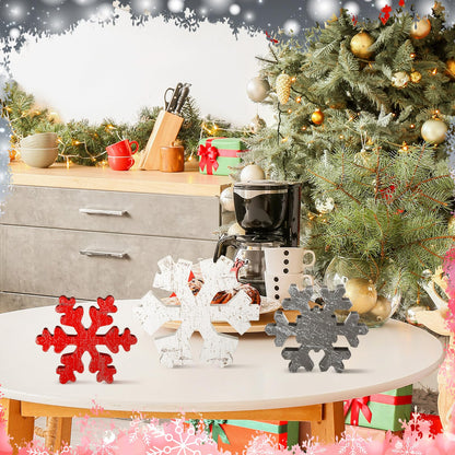 Bucherry 3 Pcs Winter Wooden Snowflake Decor Rustic Winter Snowflake Table Signs Wonderland Wood Blocks Farmhouse Christmas Tiered Tray Decorations for Xmas Table Shelf(Gray, Red, White)