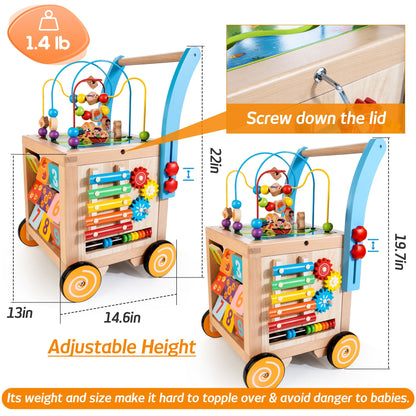 Wooden Baby Walker | Baby Push Walker with 9-in-1 Activity Cube, Sit to Stand Learning Walker Toy with Wheels for Boys Girls, Montessori Activity Center Walker, Adjustable Speed & Height