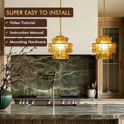 Arziheg 11.8in Kitchen Island Pendant Lights Gold, 4-Light Glass Dining Room Light, Height Adjustable 3 Layer Luxury Modern Pendant Light Fixture for Foyer Bedroom Entryway Hallway(Amber Glass)