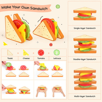 KizKnows Wooden Toy Picnic Playset, 31 Pcs Wooden Play Food Sets Sandwich Stacking Toys for Kids Pretend Play Cutting Food Toys Toddlers Play Kitchen Accessories Gift for Girls Boys Age 3+