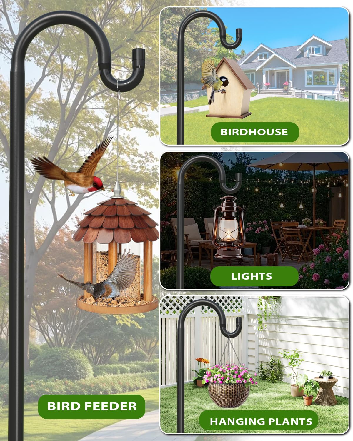 NSITEHALO 1Pack 76 Inch Adjustable Shepherds Hooks for Outdoor, Heavy Duty Shepherds Hook for Bird Feeder with 7 Prongs Base, Metal Plant Hanger Pole for Hanging Baskets, Lanterns, Hummingbird Feeders