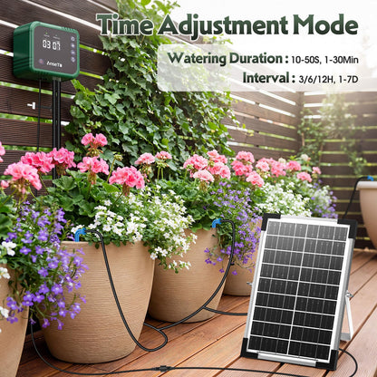 AnseTo 8W Solar Drip Irrigation System for Gardens, DIY Automatic Drip Kit, Supports Watering 30 Pots, Includes 35m Drip Hose and 30 Emitters Suitable for Gardens/Greenhouses/Outdoor Irrigation Timer
