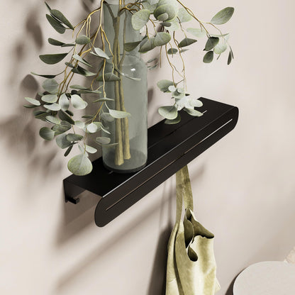 Hidden Coat Rack Wall Mount with Floating Shelf and Metal Hooks for Hanging Clothes or Towels, Modern Heavy Duty Black Decorative Wall Hanger for Entryway, Bathroom, Kitchen