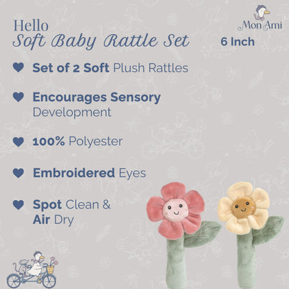 MON AMI Soft Baby Rattle Toy Set of 2 Pcs | 6-Inch Flower Shaped Plush Stuffed Rattle for Newborns | Sensory Development Toy for Infants & Toddlers | Ideal Gift for Baby Showers & Birthdays