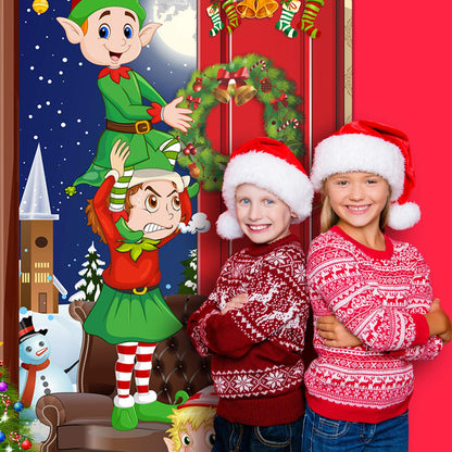 Funny Elves Fabric Door Backdrop - Santa Christmas Photo Booth Backdrop Banner and Door Cover - 70.9 x 35.4 Inch
