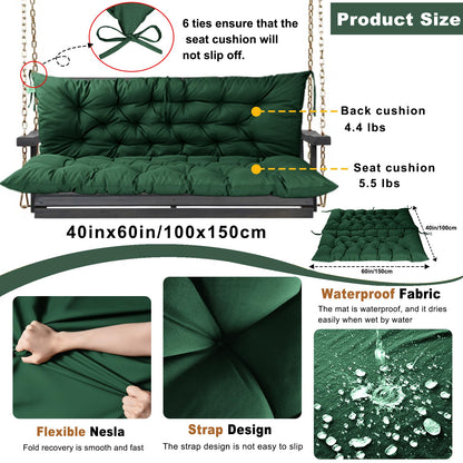 HIYEN Porch Swing Cushions 3 Seater Replacement, Waterproof Bench Cushions for Outdoor Furniture with Backrest, 4" Thickened Patio Swing Cushion with Ties (Dark Green, 60 * 40 inch)