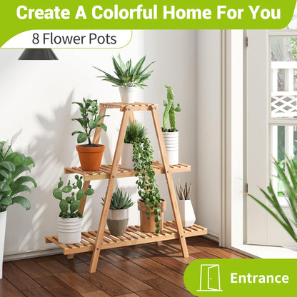 BMOSU Plant Stand Bamboo for Indoor Outdoor Tiered Plant Shelf 8 Potted Flower Holder Ladder Rack Garden Balcony Living Room Patio(3 Tier Natural)