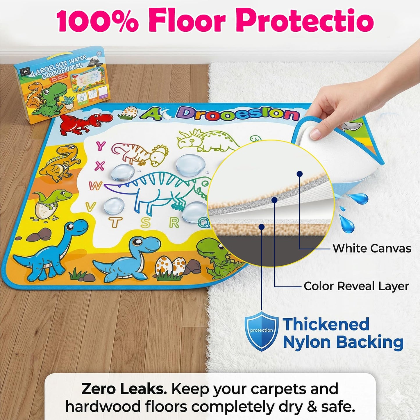Water Doodle Mat for Toddlers 1-3: Mess-Free Coloring Toy,Dries in 5-10 Mins for Endless Play,Dinosaur Reusable Aqua Painting Board Toddler Toys,Birthday Gifts for 1-3 Year Old Boy