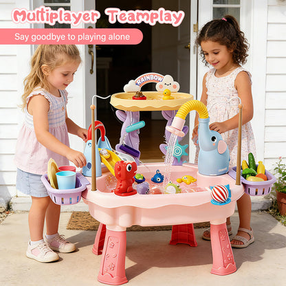 Poruary 2027 Upgraded Toddler Sand Water Table Toy with Electric Water Pump, Kids Sand Water with Faucet/Play Food Accessories/Fishing Toy, Kitchen Play Sink Toys for Girl Boy Age 3+ (Pink)