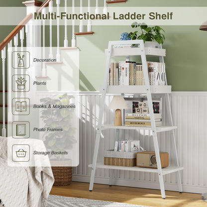 VECELO Ladder Shelf, 4 Tier Wooden Bookshelf with Metal Frame, Freestanding Bookcase Display Shelves and Plant Stand for Living Room/Farmhouse/Bedroom/Home Office-White