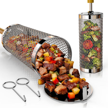 Basinel Rolling Grill Basket 2-Pack,304 Stainless Steel Grill Basket with Removable Wooden Handle,BBQ Tool & Smoker Accessory for Veg & Shrimp,Ideal for Outdoor Cooking,Camping & Gifts for Dad/Husband/Men