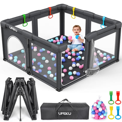 Baby Playpen Foldable Playpen for Babies and Toddlers, Large Playpens Portable Play Pen Play Yard for Kids Fence Indoor Outdoor Travel 4 Handlers 50 Balls Baby Gifts Essentials 50"X50" Dark Grey