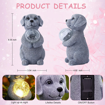 Tiejiajiang Dog Garden Statues - 8.4 Dog Decor with Gazing Ball LED Lights, Unique Gifts for Mom Grandma Birthdays, Outdoor Decor for Outside Lawn Porch Patio (Gray)