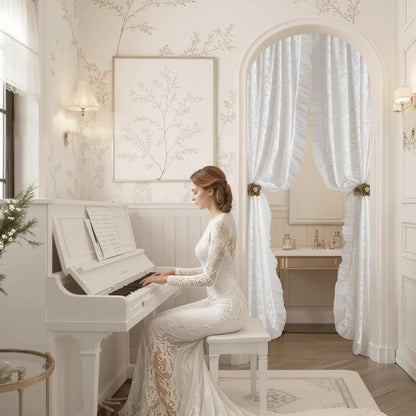 NICETOWN White Sheer Shabby Chic Lace Curtains for Bedroom, Rod Pocket & Back Tab Leaf Pattern Semi Sheer Window Treatments Privacy with Light Filtering for Living Room, 2 Panels