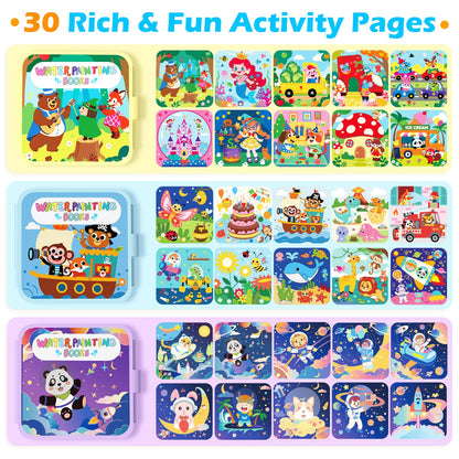 BATHKITS Reusable Water Painting Book for Kids - 3 Pack Magic Water Coloring Books with Water Pens, Fairy Tale, Animal & Space Themes | No Mess Paint, Travel Activity Toy, Gift Box, 30 Pages, Ages 3+
