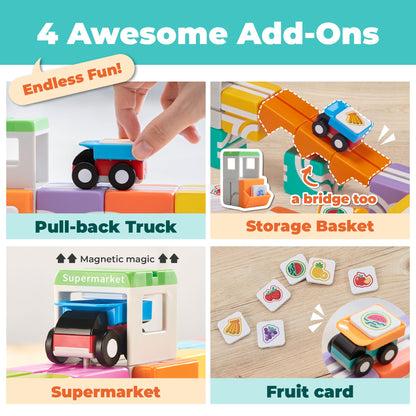 QBI STEM All-in-1 Toy Set with 6 Cars & Fruit Tiles | Open Ended Educational Sensory Magnet Cubes | Montessori Toys, Magnetic Building Blocks for Boys & Girls (68 Pieces)
