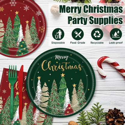 102 Pcs Christmas Tree Paper Plates and Napkins Party Decorations Merry Christmas Banner Disposable Tablecloth Dinnerware Set Red and Green Xmas Tree Party Supplies Winter Snowflake Holiday Ornament