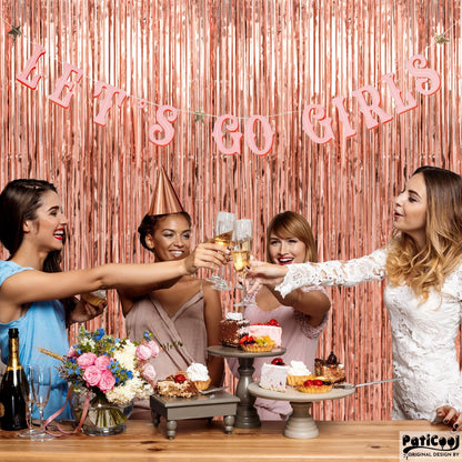 PatiCool Thicken Rose Gold Tinsel Backdrop 2 Pack 3.3 x 6.6 FT, Foil Fringe Curtains, Birthday Decorations for Women Girls, Bachelorette Bridal Shower Decorations