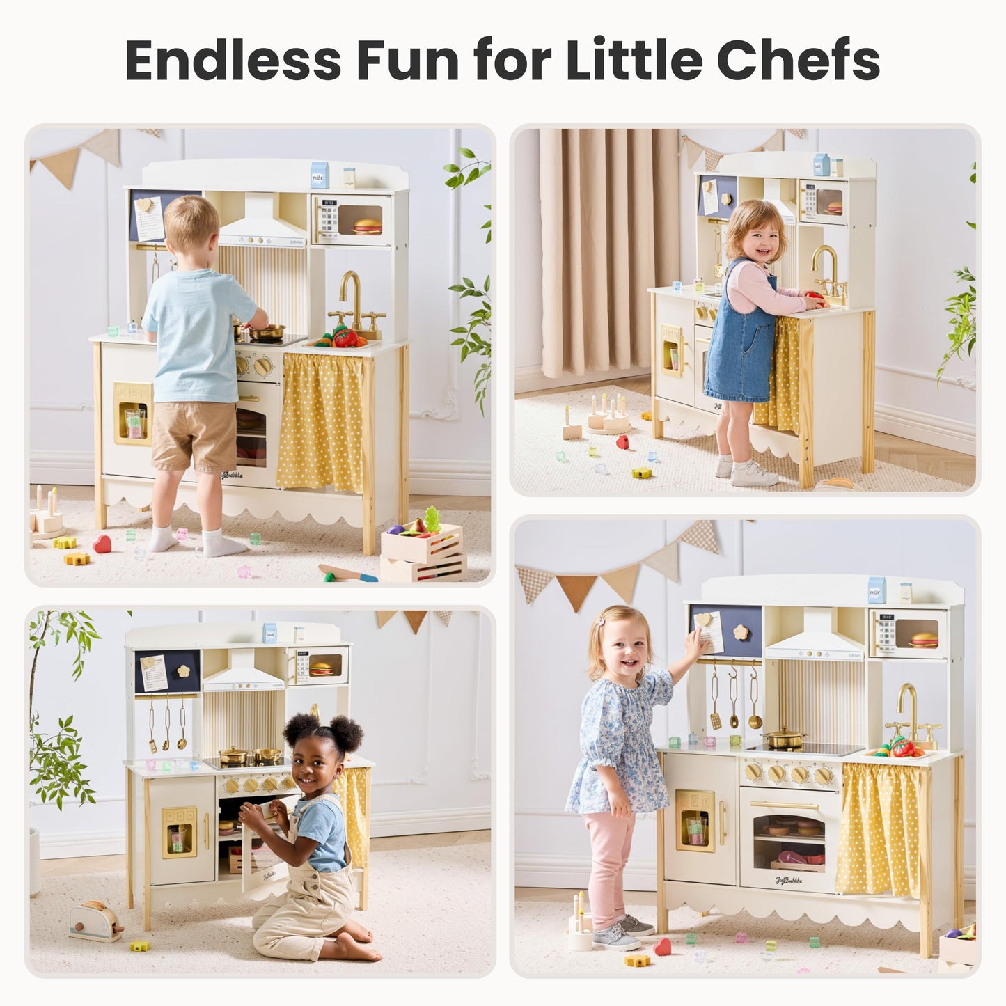 JoyBubbla Wooden Play Kitchen for Toddlers, Modern Kids Kitchen Playset with Realistic Lights & Sounds, Toy Kitchen Set with 25 Pcs Accessories, Pretend Play for Girls & Boys Ages 3+, Cream White