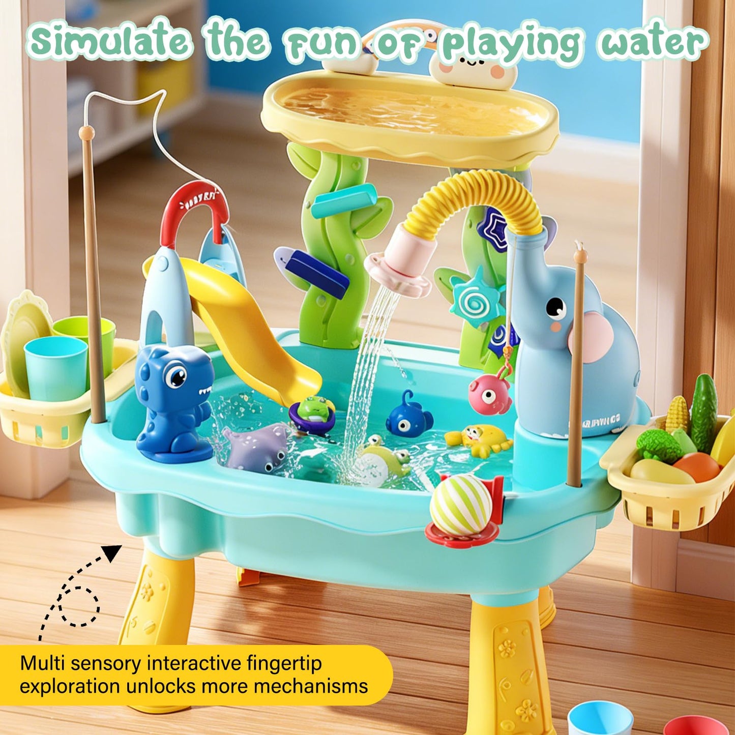 TUVBPK 2027 Upgraded Toddler Sand Water Table Toy with Electric Water Pump, Kids Sand Water with Faucet/Play Food Accessories/Fishing Toy, Kitchen Play Sink Toys for Girl Boy Age 3+ (Blue)